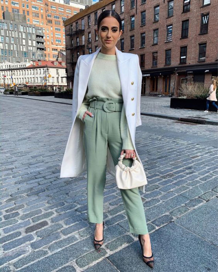 Soft green with over-coat white jacket